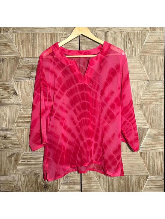 Tops - Womens Hot Pink Barbiecore Tie Dye Sheer V-Neck Blouse Small Pullover Coastal